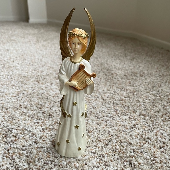 Porcelain  white Angel With golden wings and  Harp - Picture 1 of 7